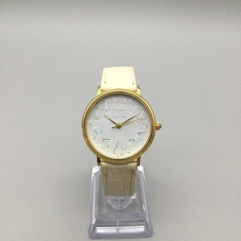 Moulin Womens Watch 32mm Gold Tone Case White Leather Strap New Battery